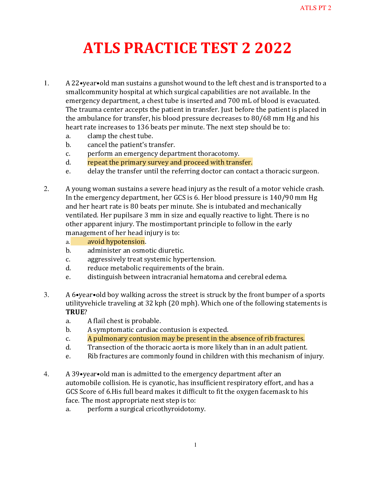 Preview of ATLS 2022 Practice Test 2 Complete Questions & Answers with Rationale